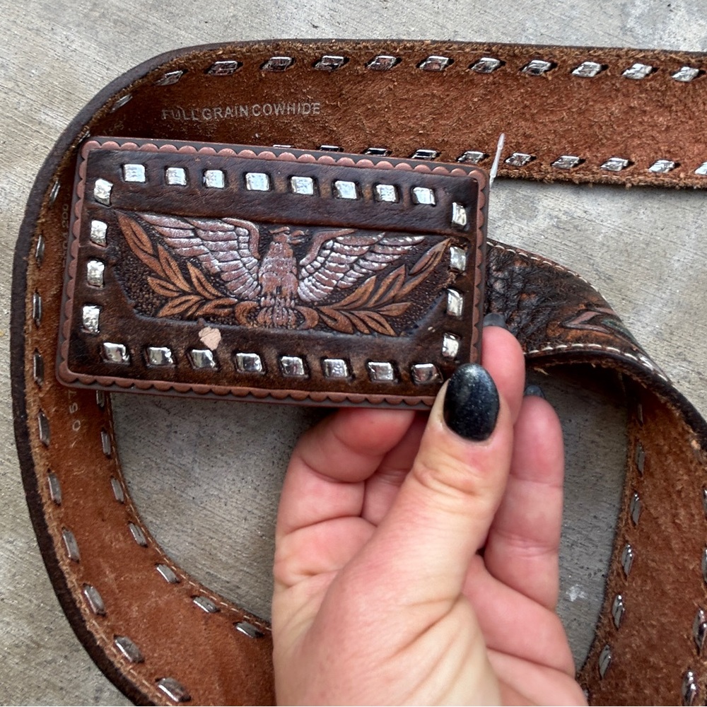 Fossil brown leather Eagle belt with decorative buckle